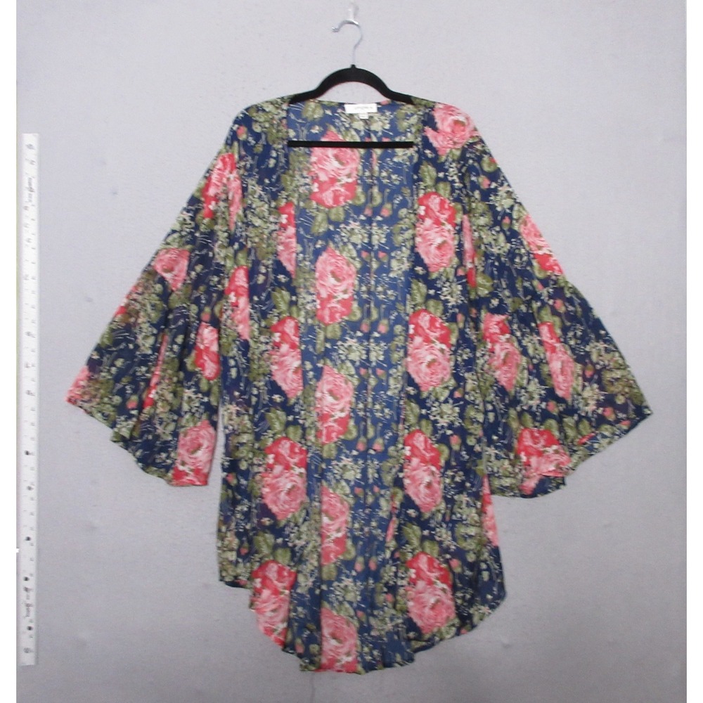 Umgee Kimono 1XL/2XL Blue Floral Kimono Bell Sleeve Boho Topper Flowy‎ Beachy